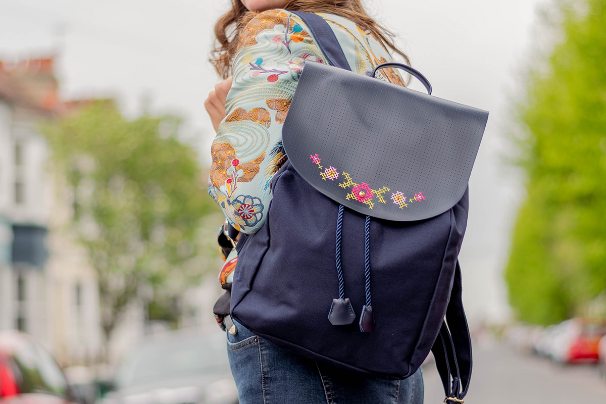 Cross Stitch Your Own Design Backpack Navy Canvas Vegan Leather Chasing Threads