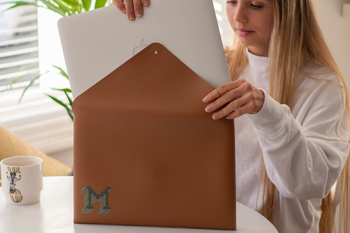 Rechasing Threads Brown Leather Laptop Sleeve - Cross Stitch Your Own Design (Vegan ...
