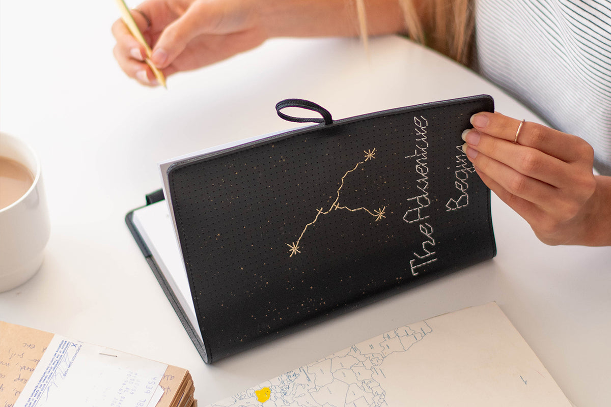 Rechasing Threads Stitch Your Star Sign Vegan Leather Notebook - Cosmic Cross Stitch Kit ...